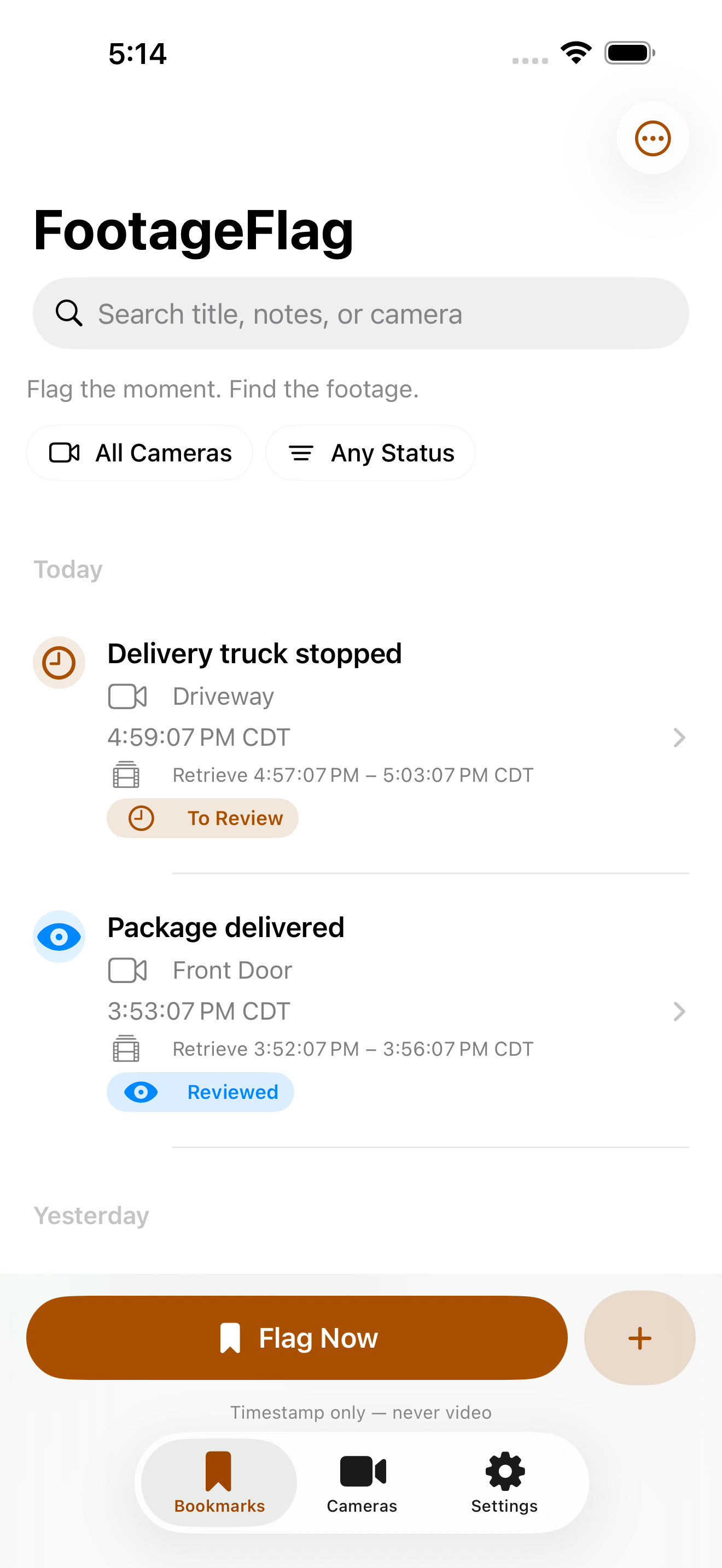 FootageFlag bookmarks overview with fictional camera events and review statuses