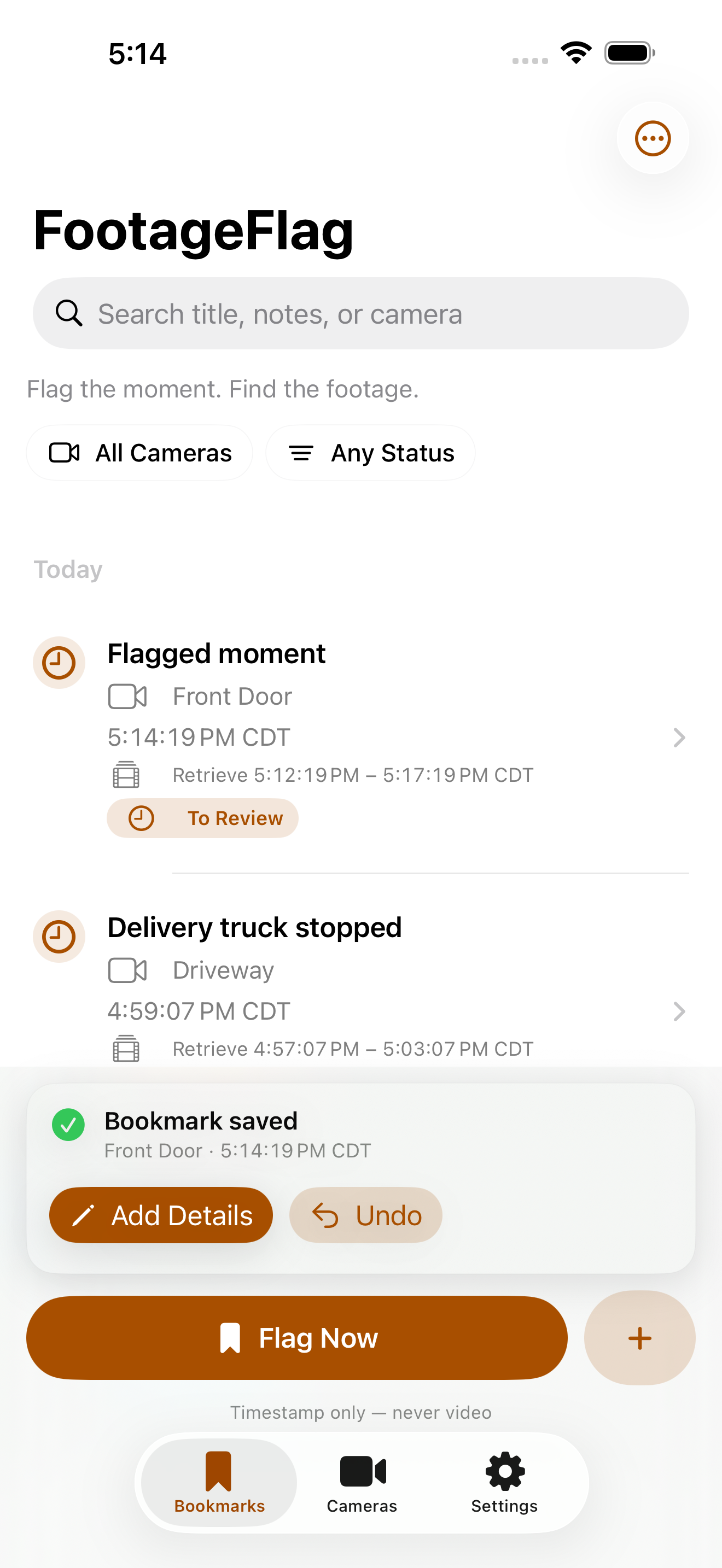 FootageFlag Flag Now screen with a saved fictional Front Door camera moment