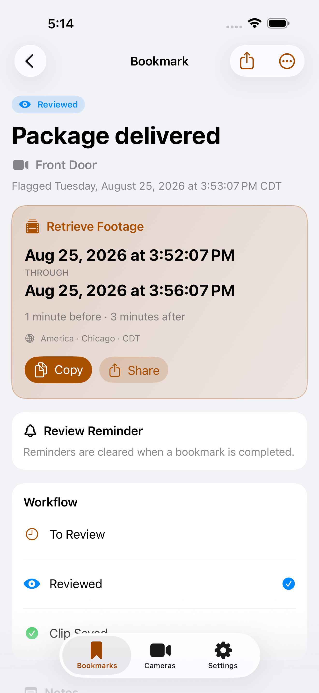 FootageFlag bookmark details with timestamp, notes, and retrieval window