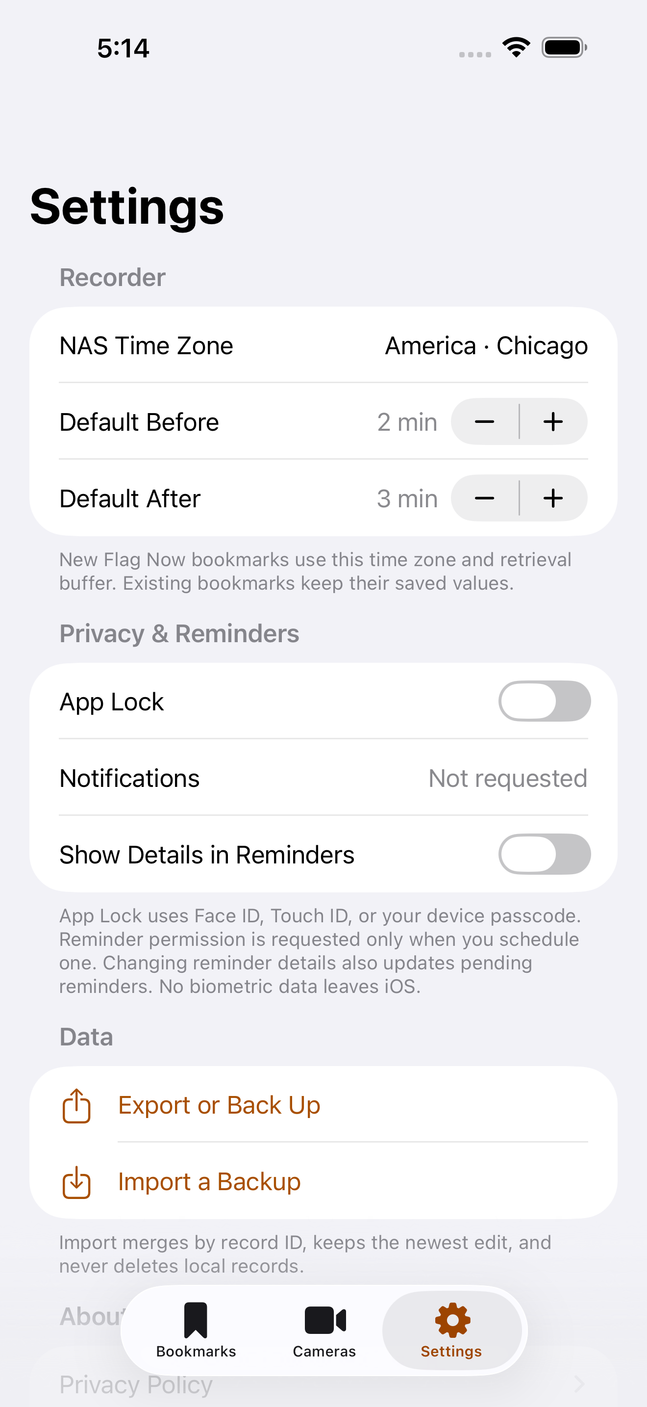 FootageFlag settings for backup, reminders, app lock, and NAS time zone