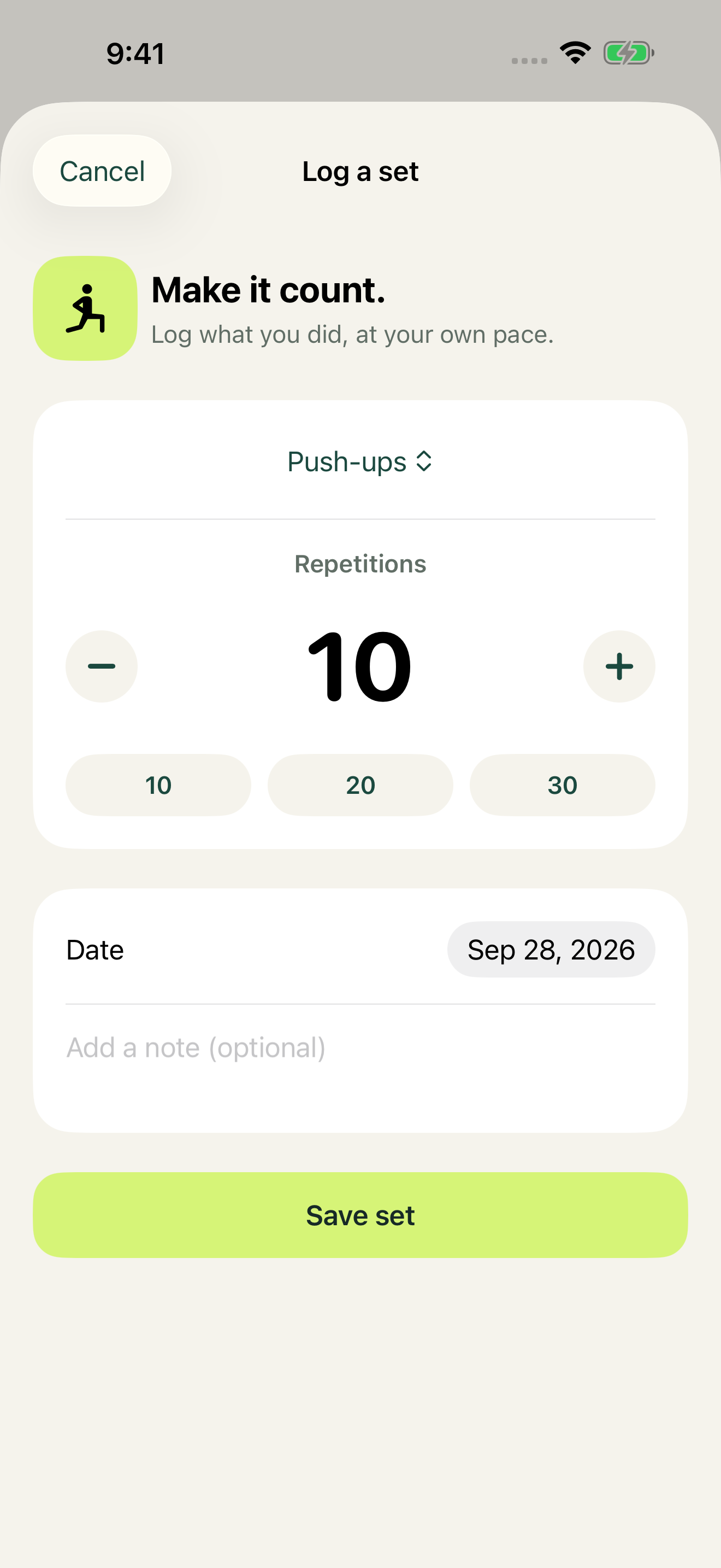 RepBloom manual set entry with exercise choice, repetition amount, date, and optional note