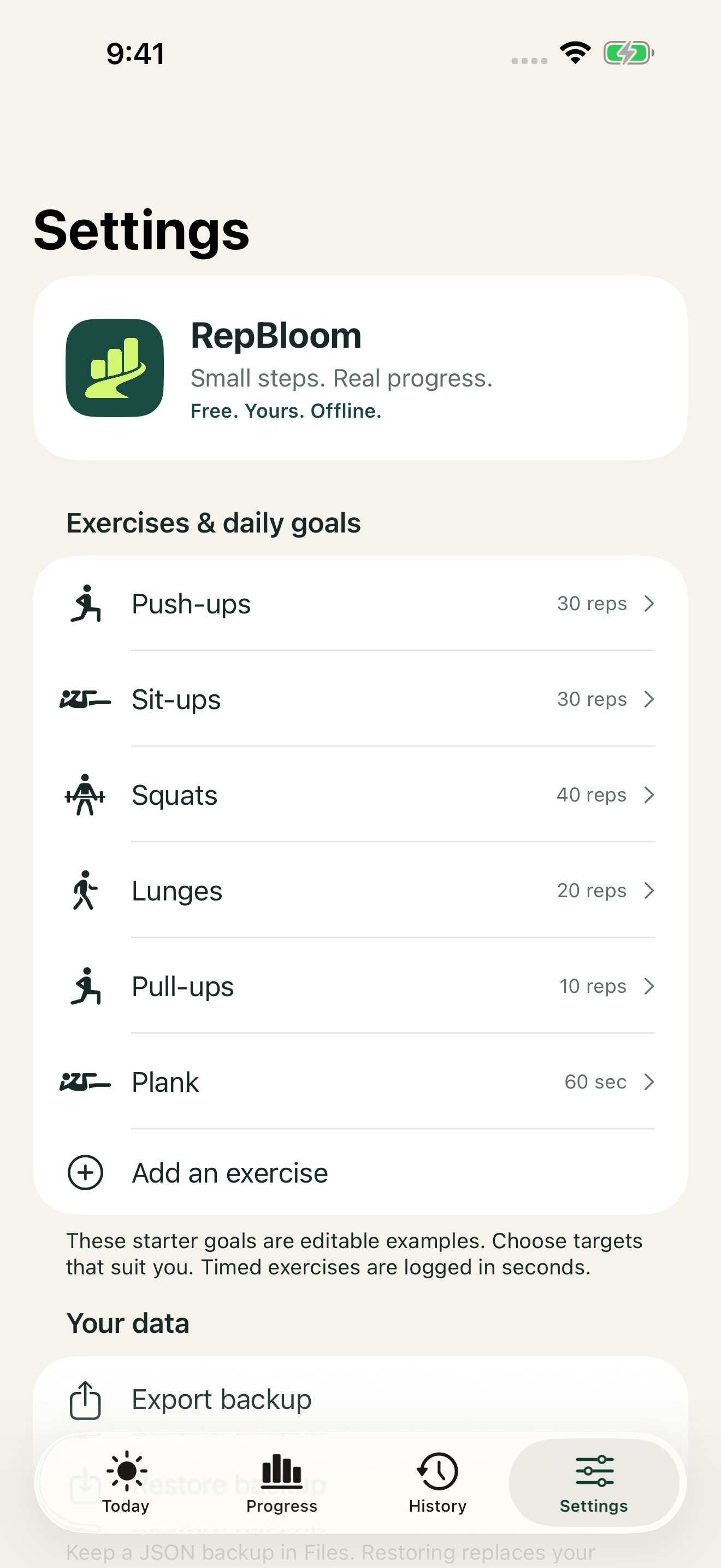 RepBloom Settings screen showing editable exercise goals and local JSON backup controls