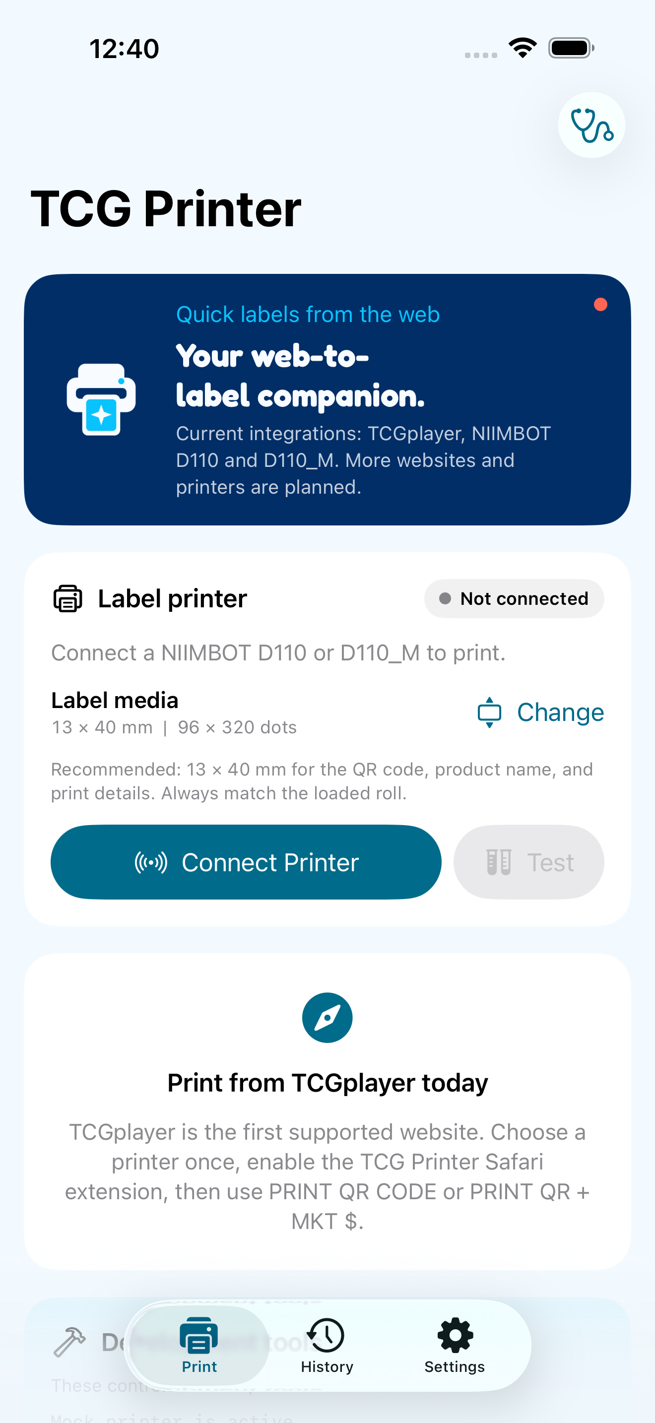 TCG Printer home screen with printer connection and label media controls