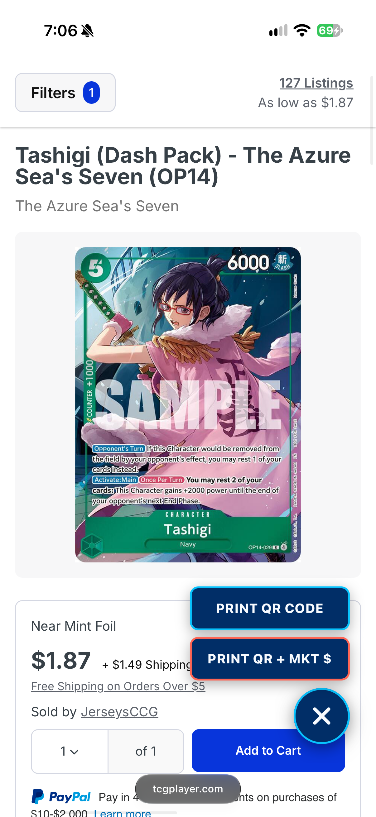 TCGplayer card page in Safari with TCG Printer QR and market-price actions