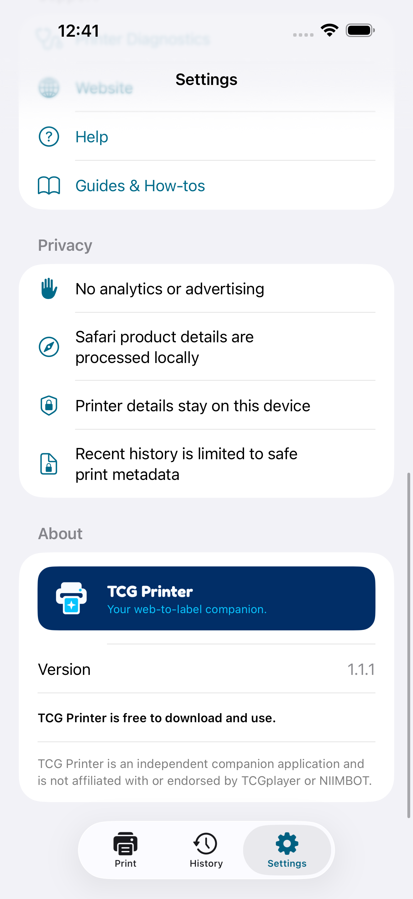 TCG Printer settings showing help links and local-first privacy details